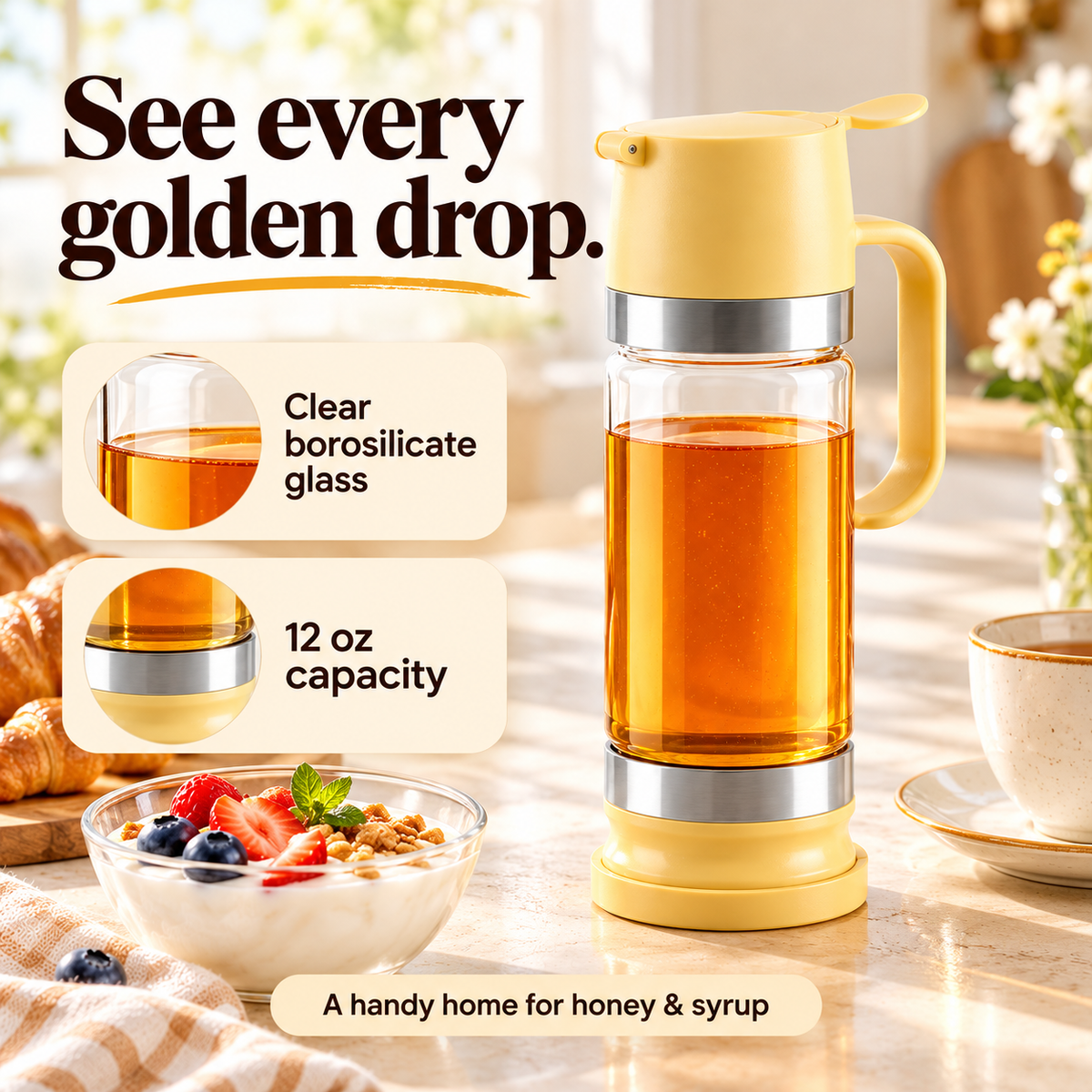 Yellow 12 oz clear borosilicate glass honey dispenser