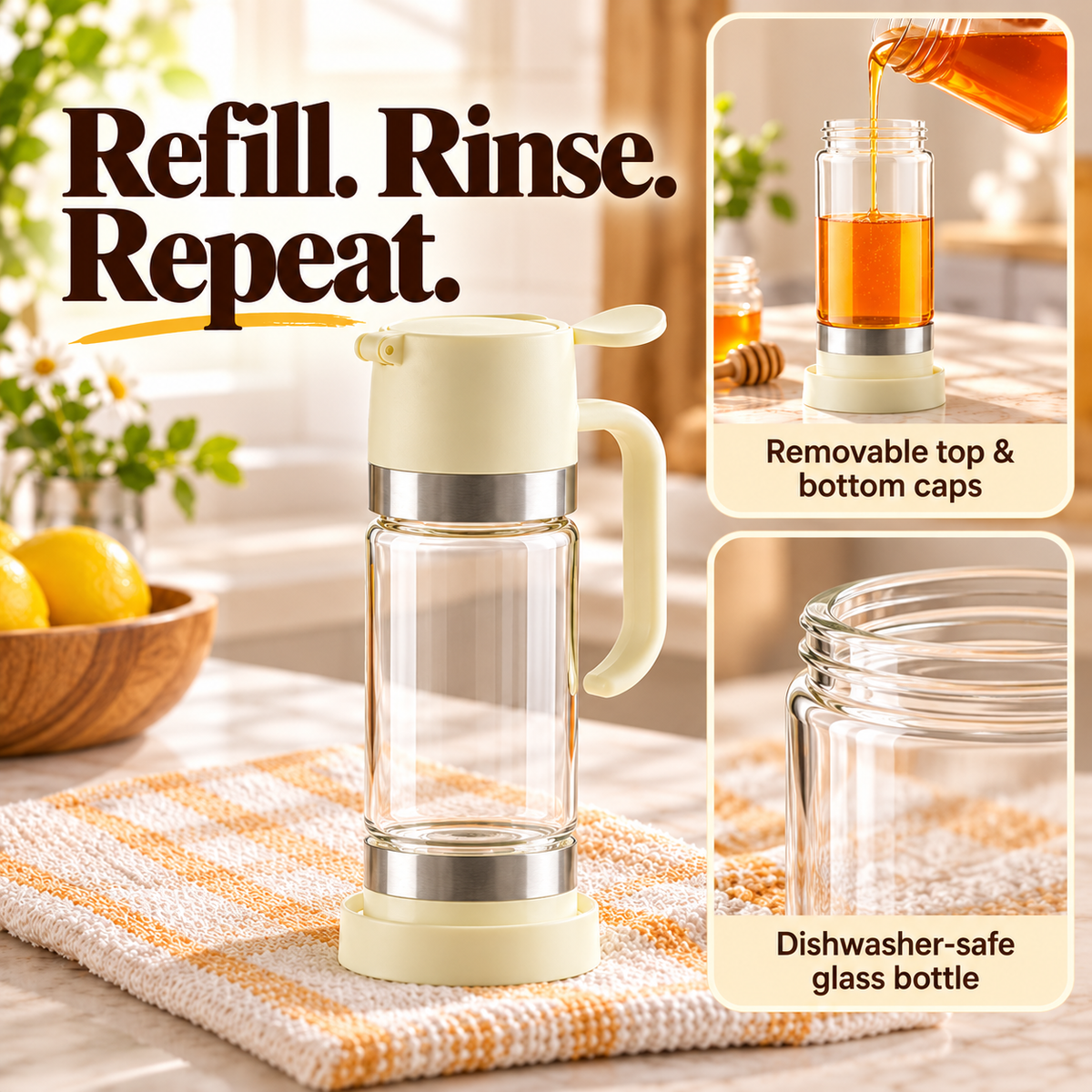 Ivory dispenser with removable caps for refill and dishwasher-safe glass bottle