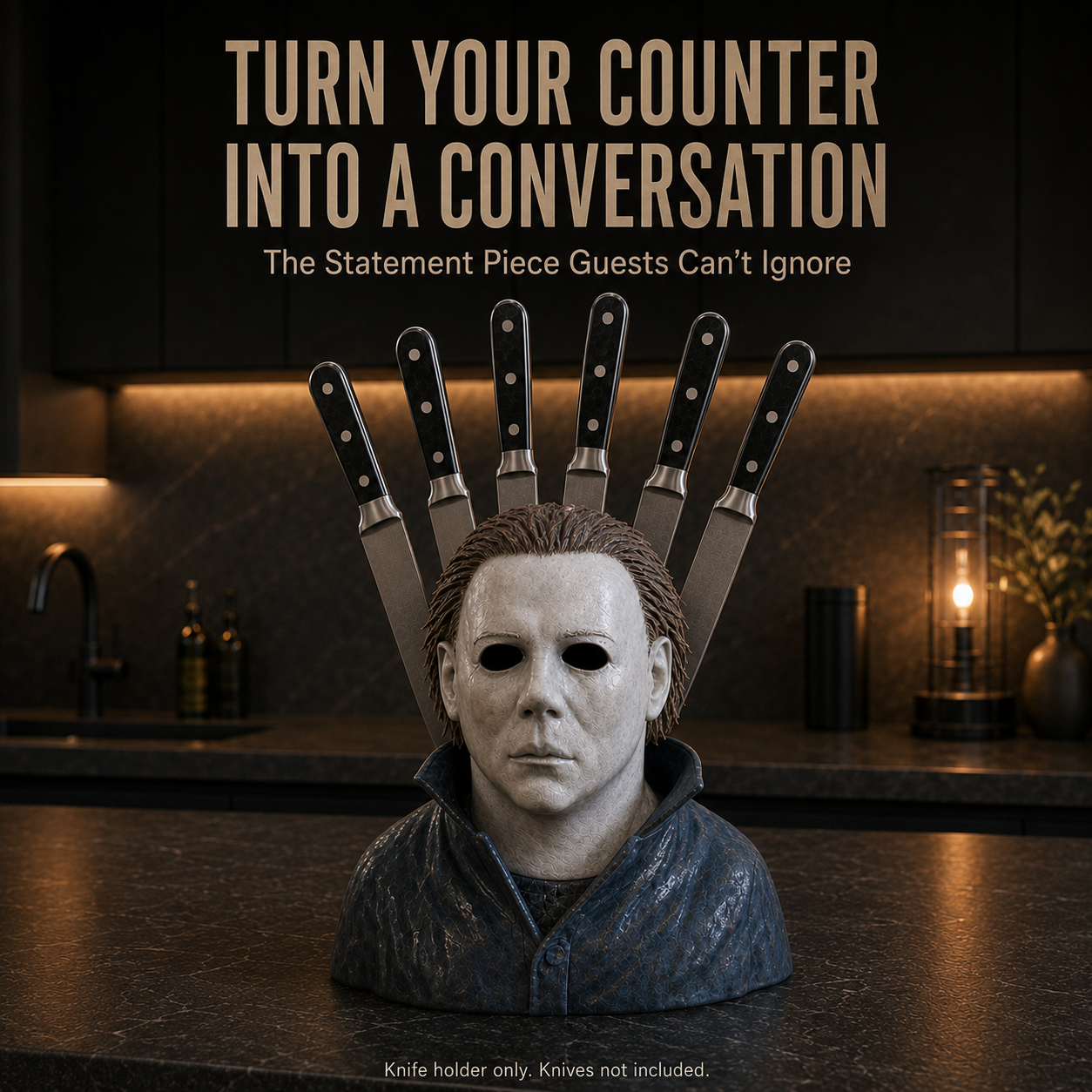 🔪 Horror Mask Bust 6-Slot Knife Holder – Gothic Kitchen Countertop Display