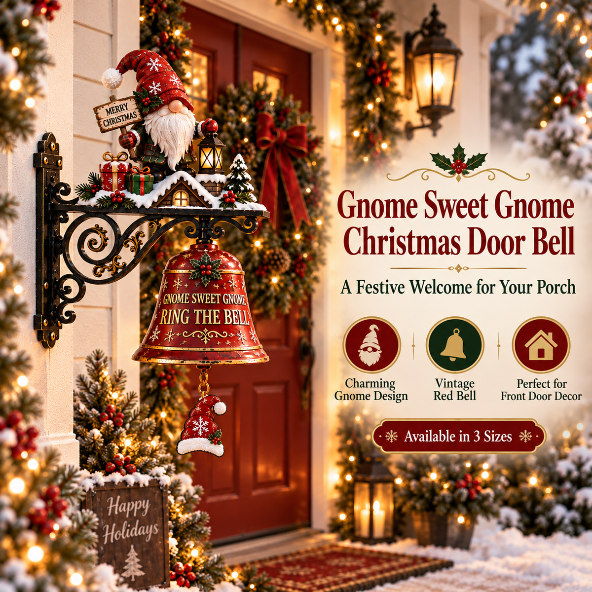 Gnome Sweet Gnome Christmas red door bell on decorated front porch