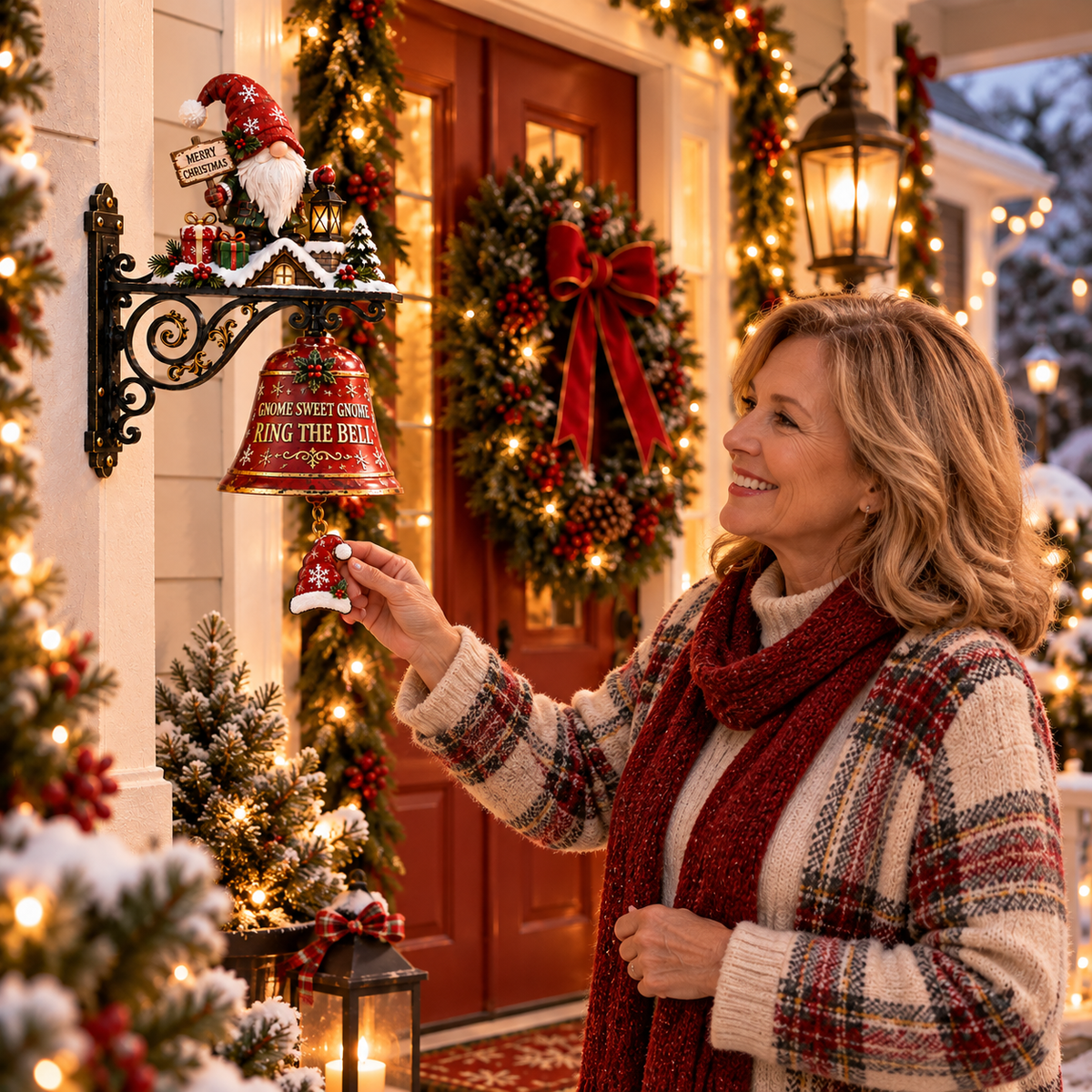 Woman reaching for hanging gnome hat pull beneath Christmas red bell