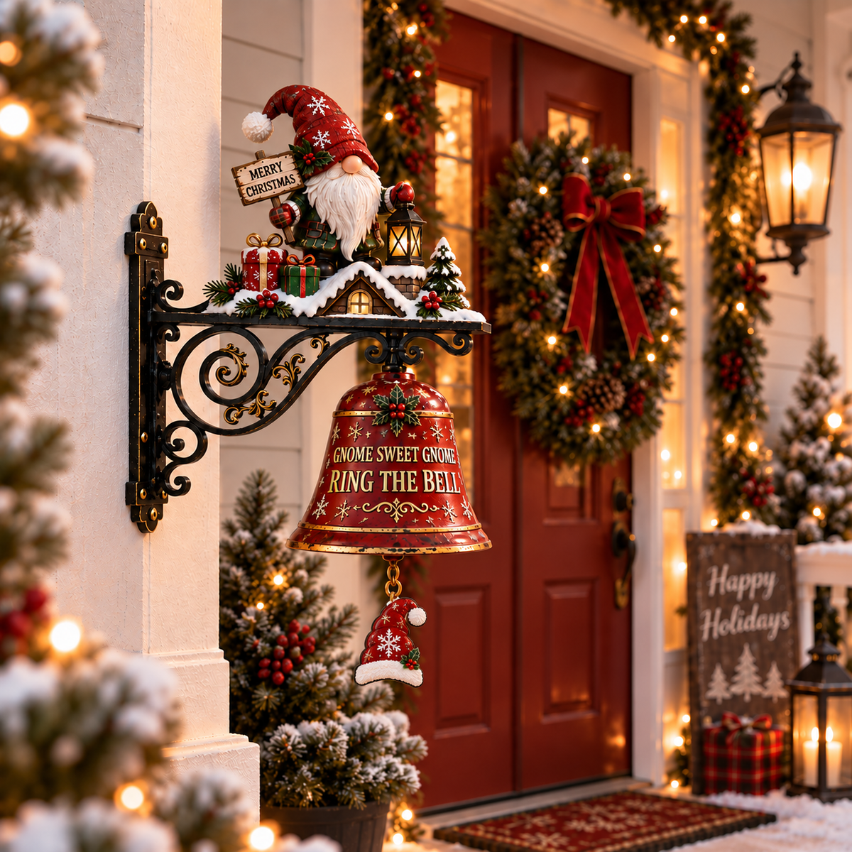 Gnome Sweet Gnome bell hanging beside red Christmas front door