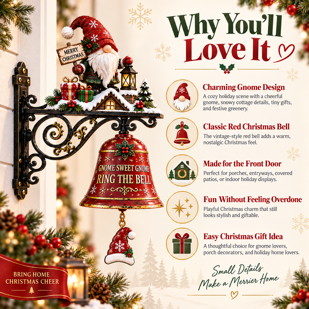 Detailed Gnome Sweet Gnome Christmas bell showing cottage gifts greenery and red bell