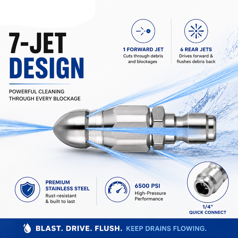 6500 PSI Stainless Steel Sewer Jetter Nozzle – 1/4' Quick Connect Drain Cleaning Attachment for Pressure Washers