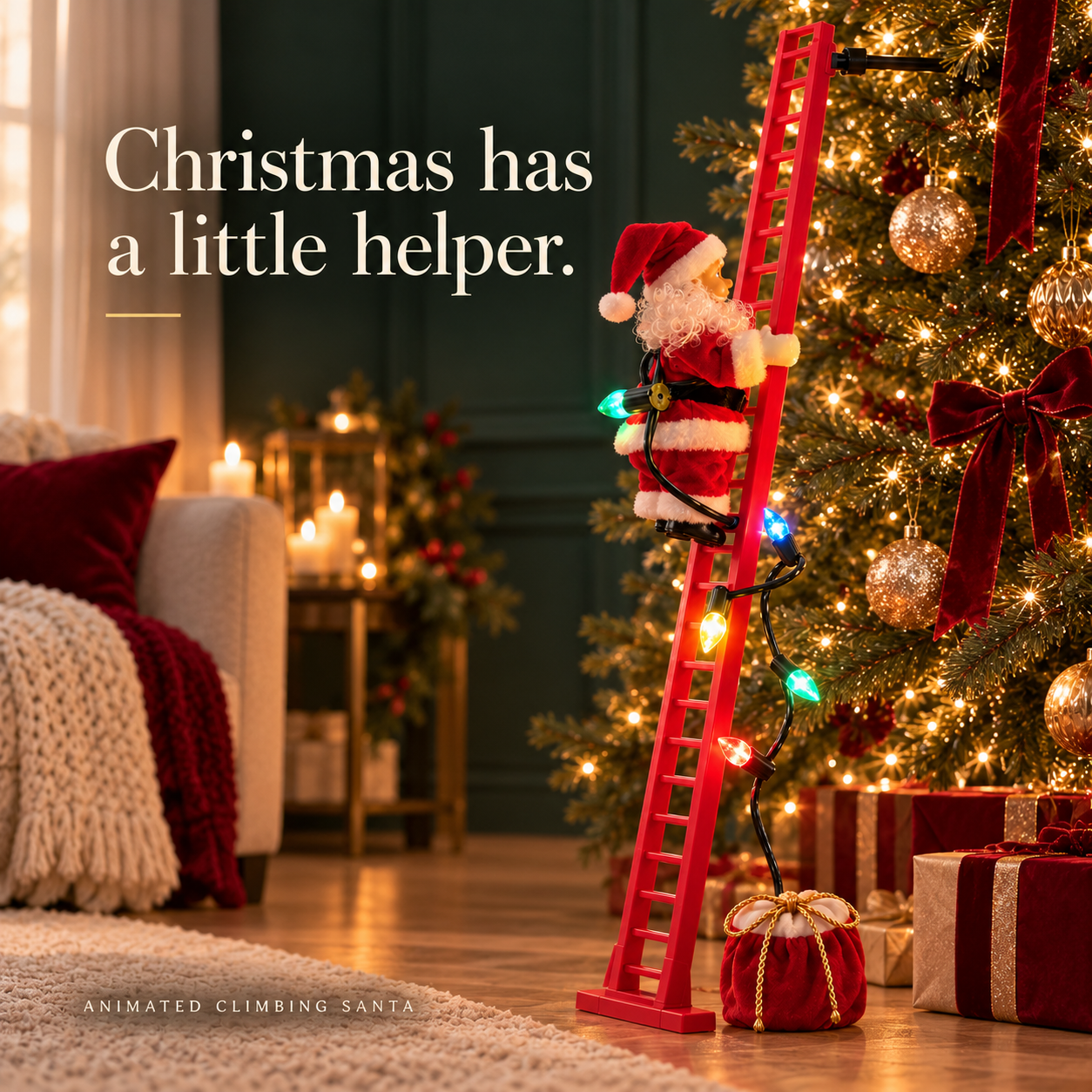 Animated climbing Santa decorating beside a Christmas tree
