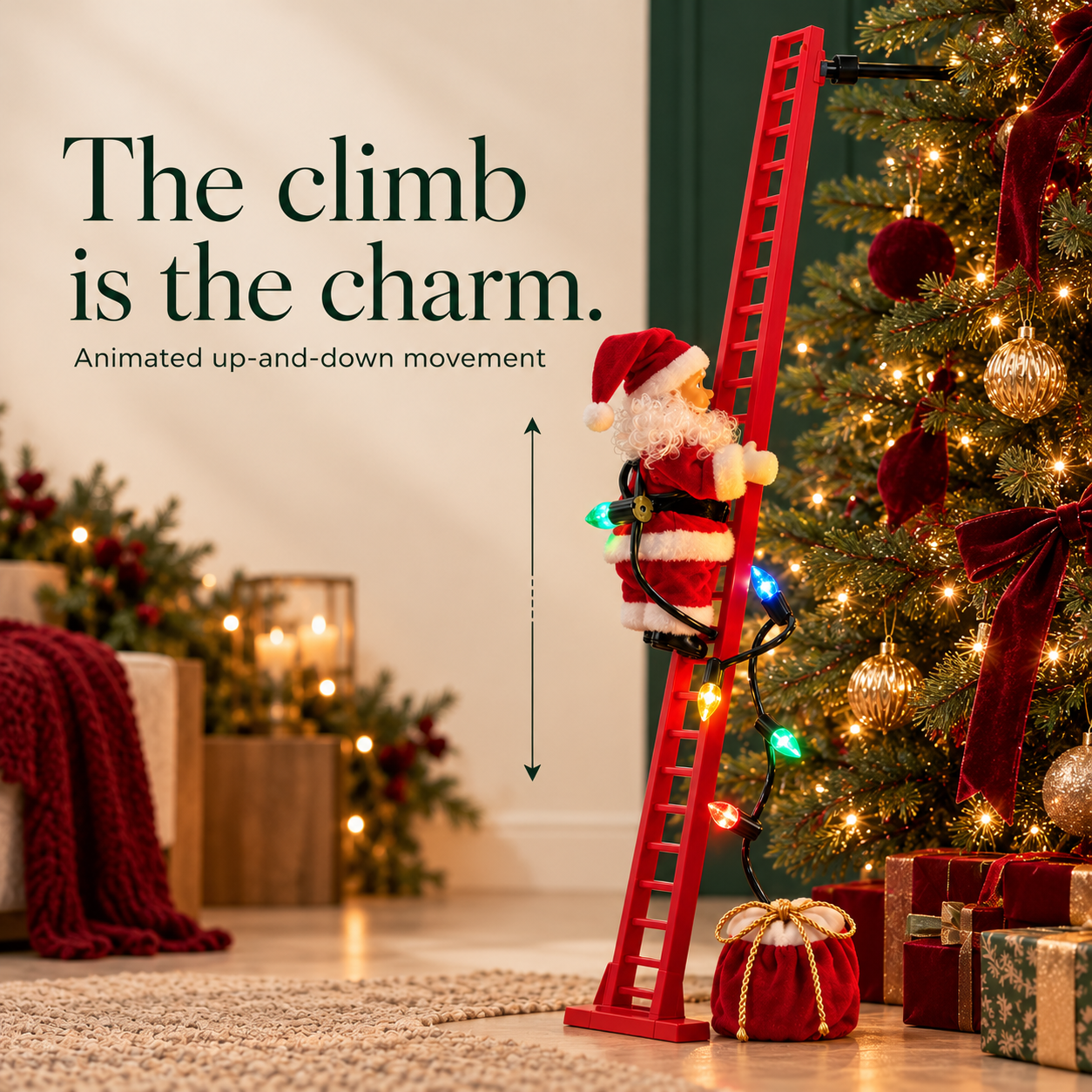 Santa climbing up and down his red Christmas ladder