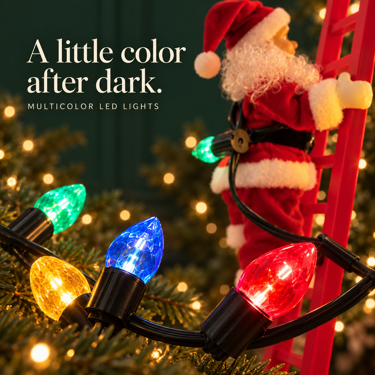 Colorful LED Christmas lights on the climbing Santa decoration
