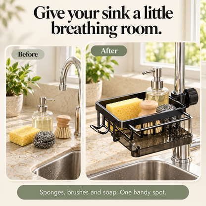 Sink countertop before and after organizing daily essentials