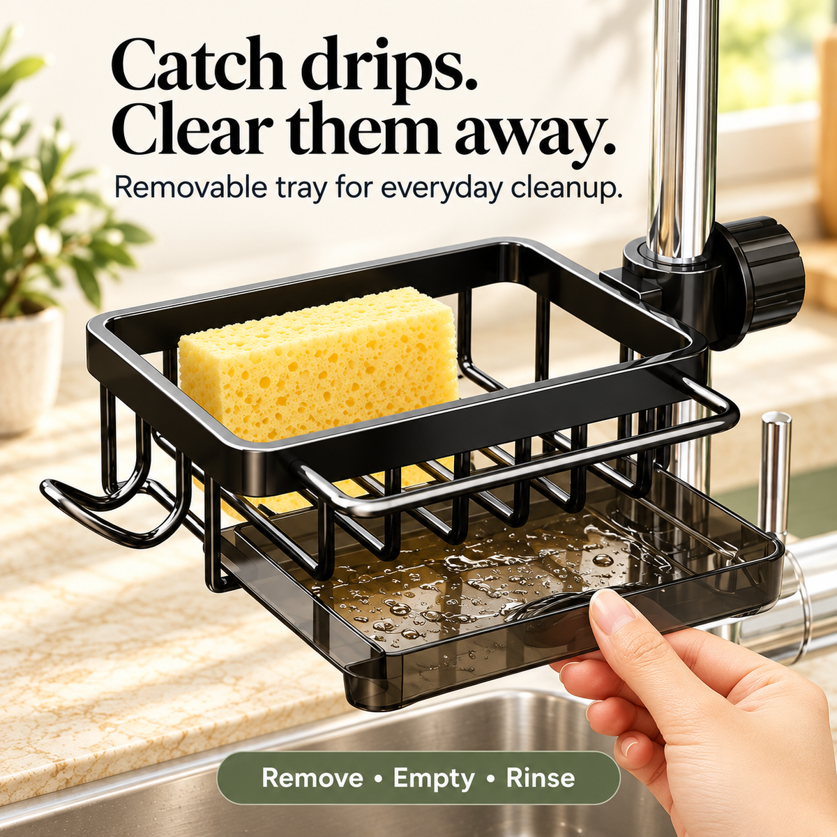 Removing the sink caddy drip tray for emptying and rinsing