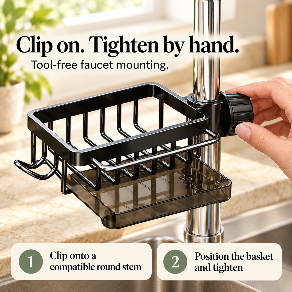 Hand tightening the caddy clamp on a round faucet stem