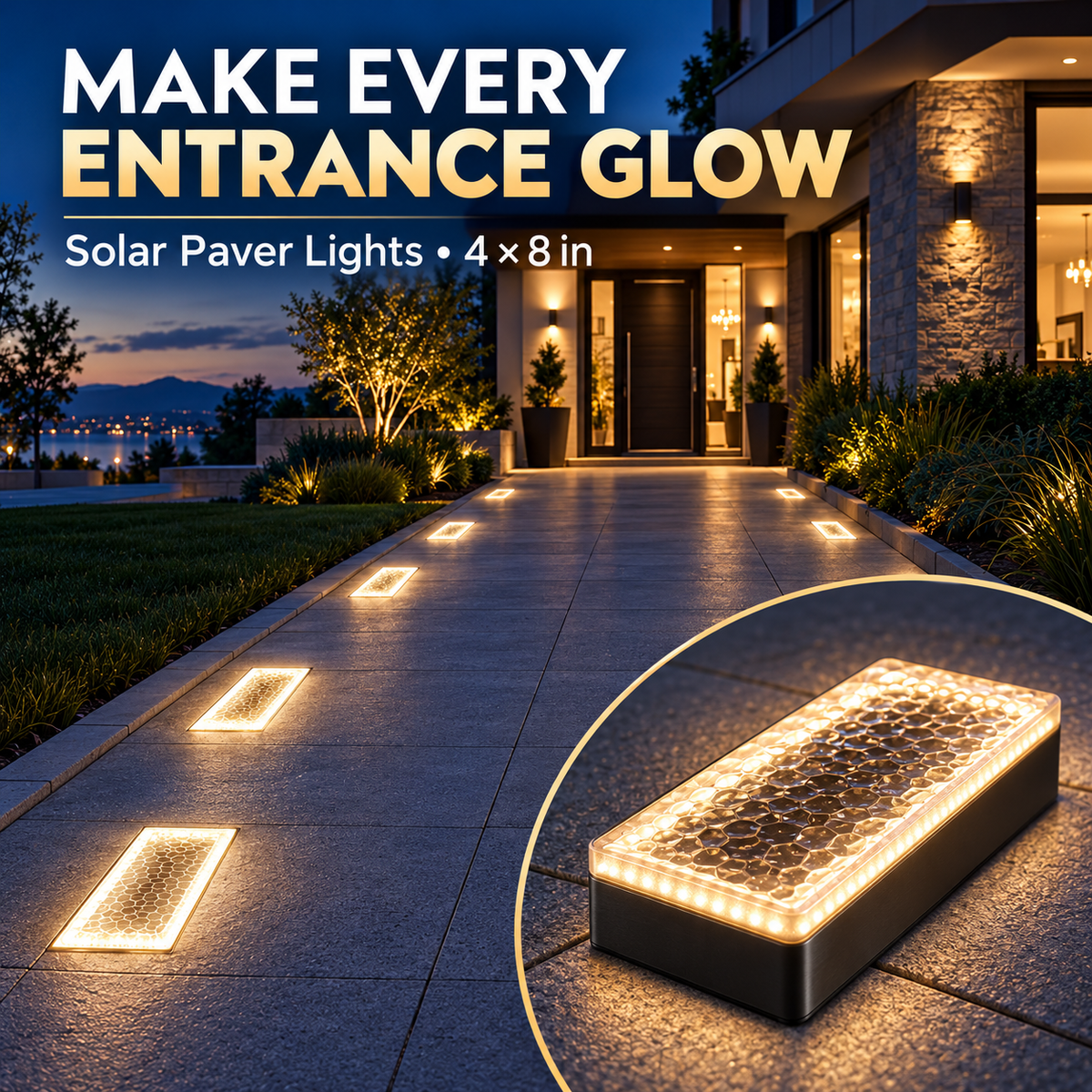 Solar paver lights illuminating an entrance