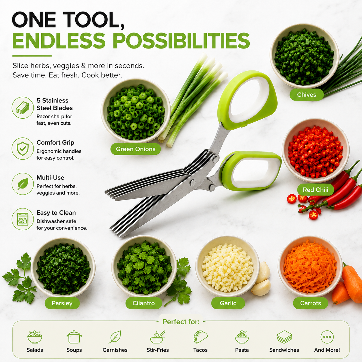 🌿 5-Blade Stainless Steel Herb Scissors – Slice Green Onions, Parsley & Cilantro Faster ✨ 50% OFF