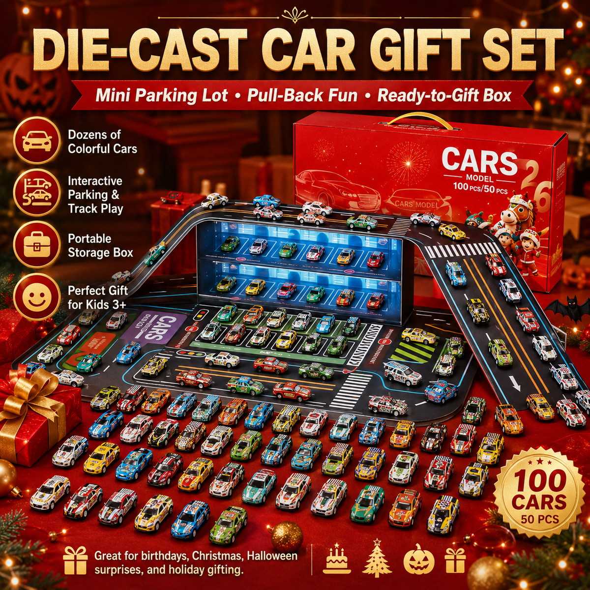 🏎️ 48-Piece Pull-Back Race Car Set with Lighted Garage & Track 🎁