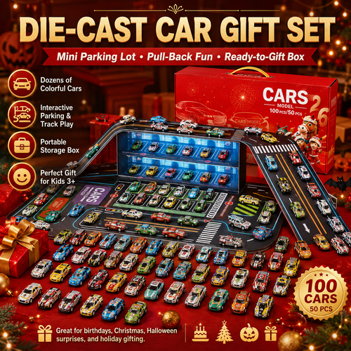 🏎️ 48-Piece Pull-Back Race Car Set with Lighted Garage & Track 🎁