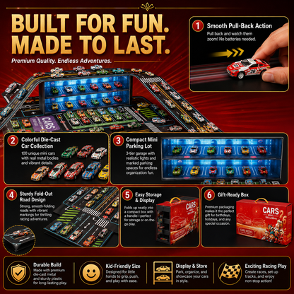 🏎️ 48-Piece Pull-Back Race Car Set with Lighted Garage & Track 🎁