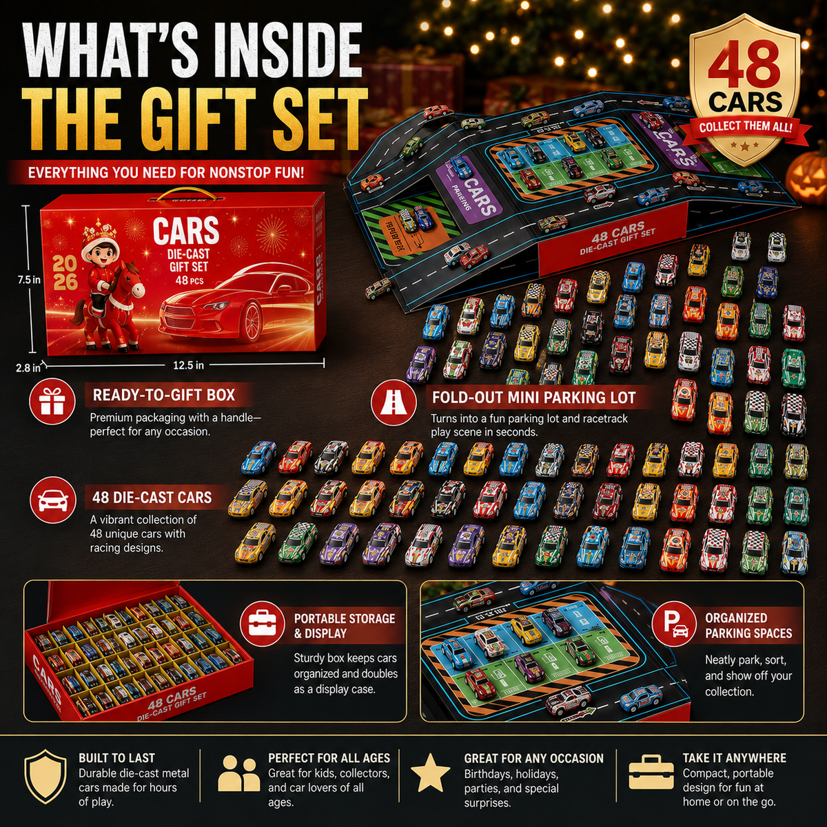 🏎️ 48-Piece Pull-Back Race Car Set with Lighted Garage & Track 🎁