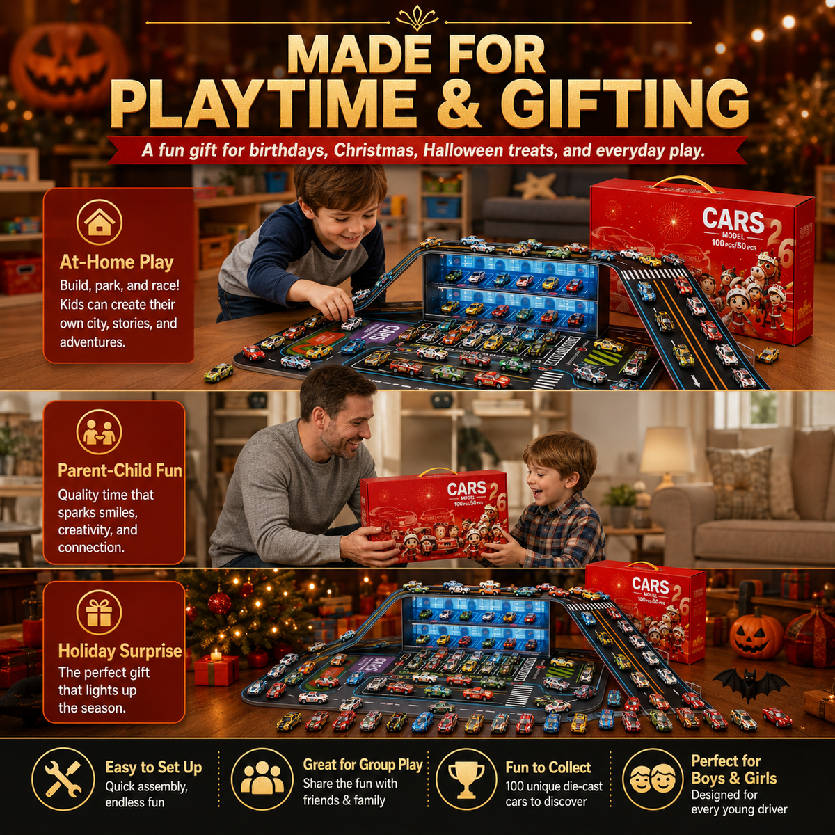 🏎️ 48-Piece Pull-Back Race Car Set with Lighted Garage & Track 🎁