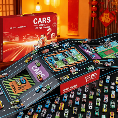 🏎️ 48-Piece Pull-Back Race Car Set with Lighted Garage & Track 🎁