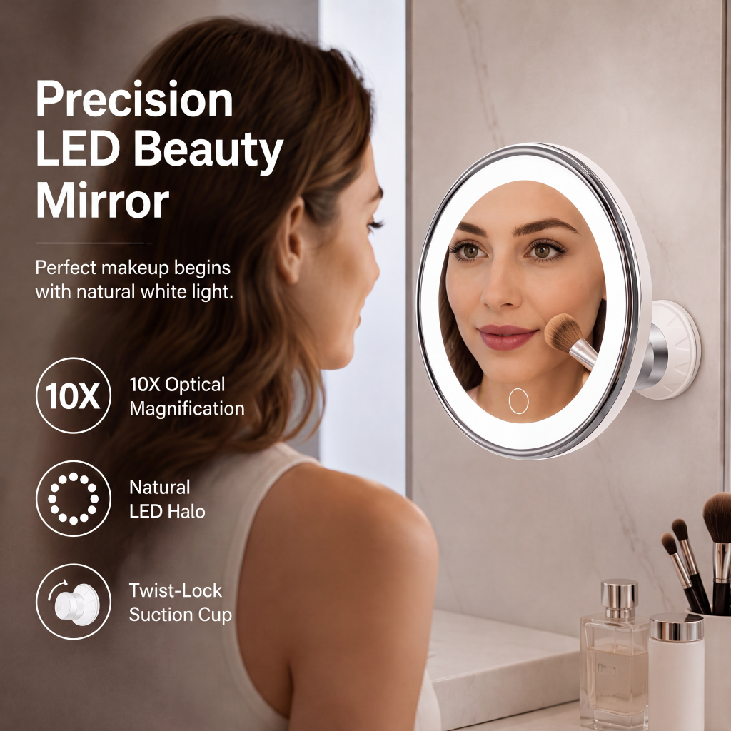 ✨ 10X LED Magnifying Makeup Mirror – Drill-Free Suction & Dual Power 🔍