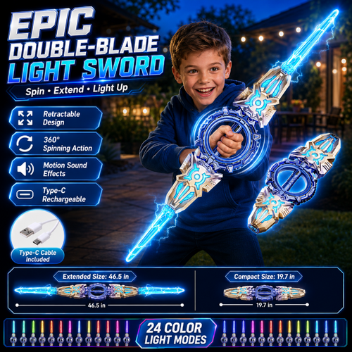 360° Spinning Double-Blade LED Sword | Rechargeable Light-Up Toy
