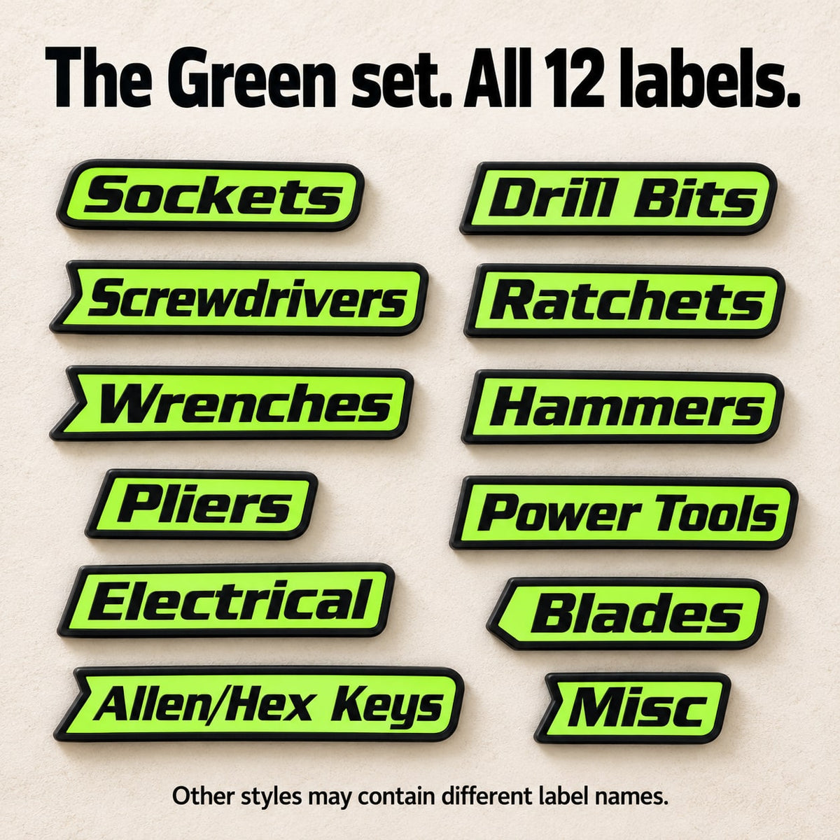 Complete 12 piece Green magnetic toolbox drawer label set