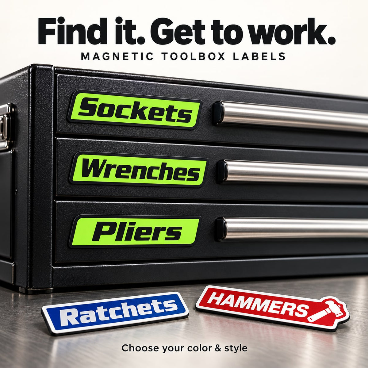 Green magnetic toolbox drawer labels on black steel tool chest