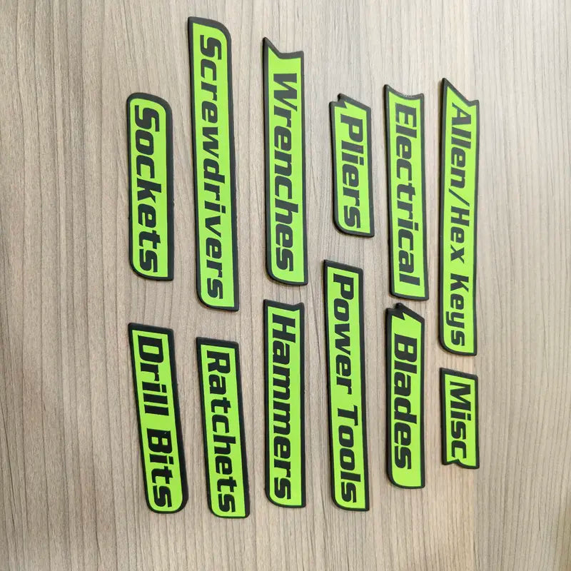 Actual Green magnetic toolbox label set arranged together