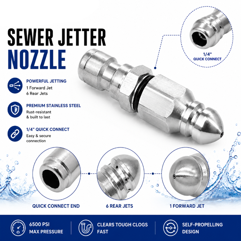 6500 PSI Stainless Steel Sewer Jetter Nozzle – 1/4' Quick Connect Drain Cleaning Attachment for Pressure Washers