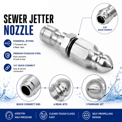 6500 PSI Stainless Steel Sewer Jetter Nozzle – 1/4' Quick Connect Drain Cleaning Attachment for Pressure Washers