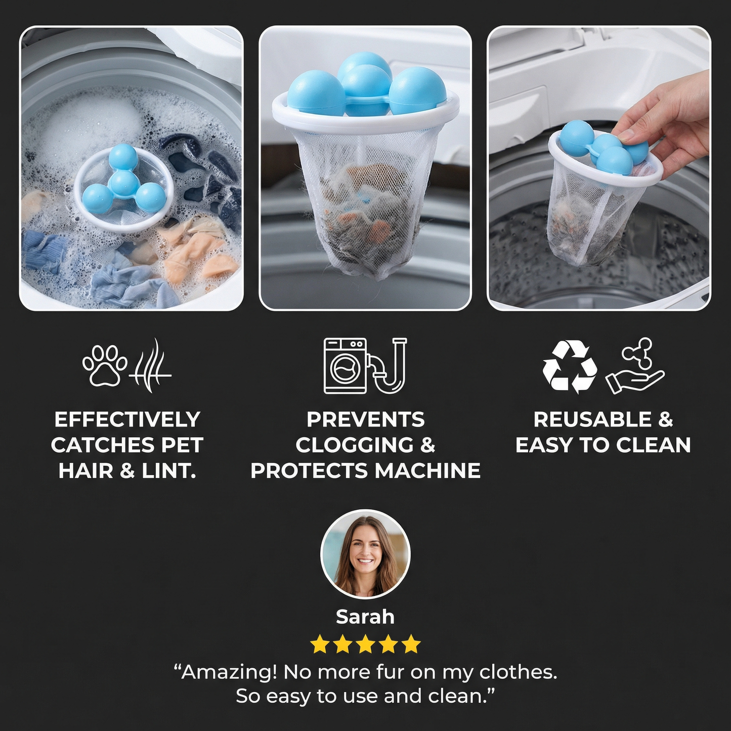 3Pcs Pet Hair Laundry Filter for Washing Machines – Reusable Hair Catcher Bag